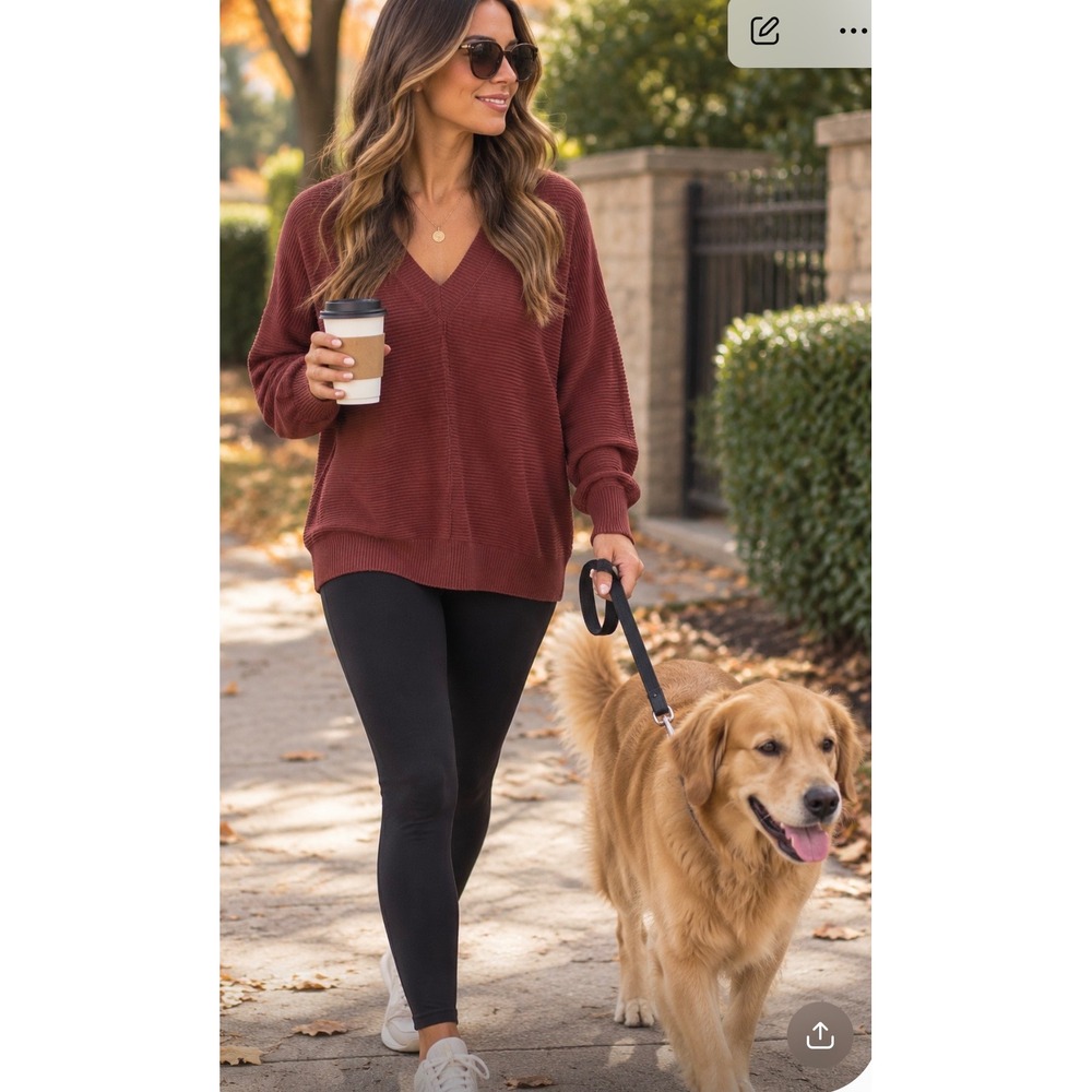 EVEREVE Burgundy Ribbed V-Neck Pullover Sweater Relaxed Fit Women's XS